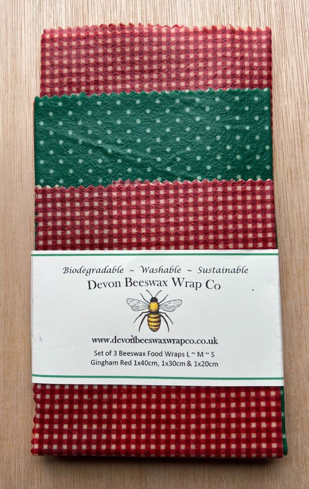 Set of 3 Beeswax Food Wraps - Gingham Red & Dotty Dark Green