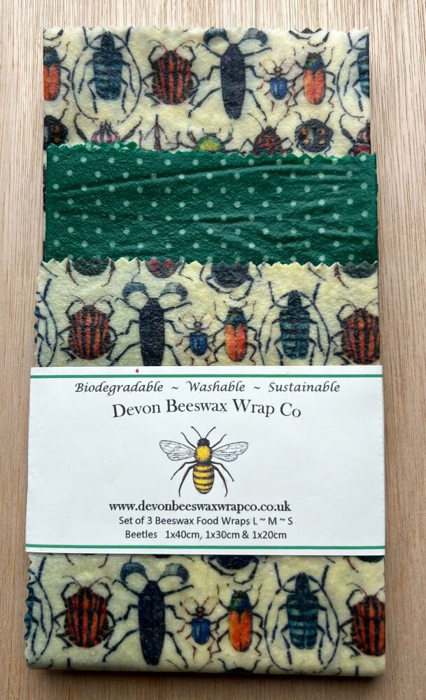 Set of 3 Beeswax Food Wraps - Beetles & Dotty Dark Green