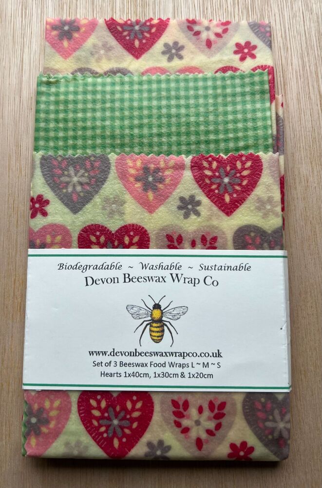Set of 3 Beeswax Food Wraps - Hearts & Gingham Green