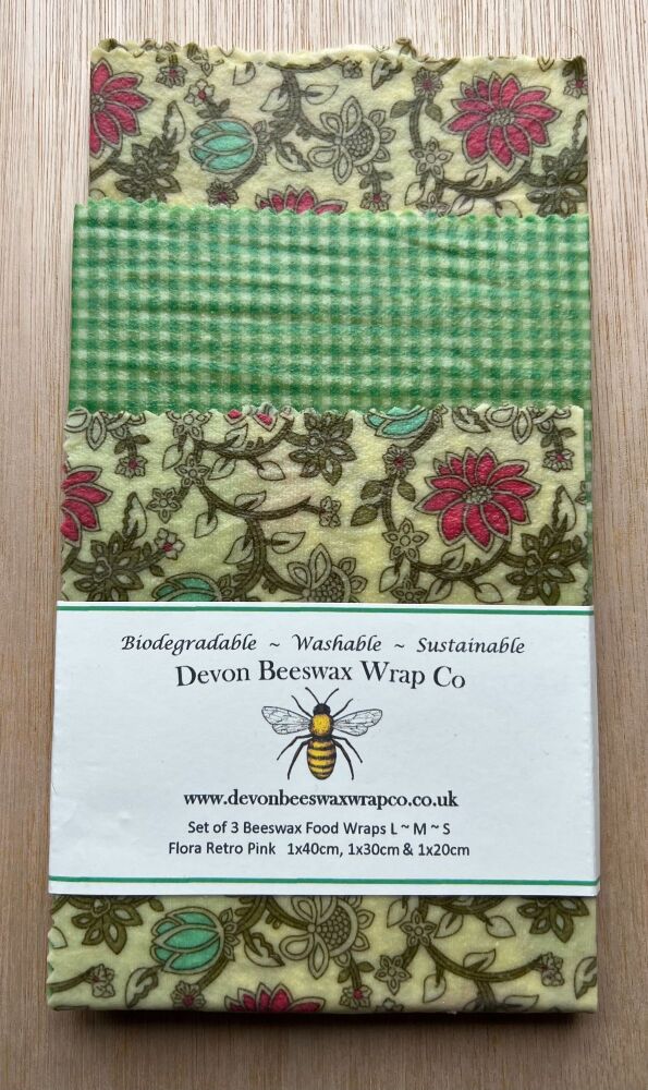 Set of 3 Beeswax Food Wraps - Retro Floral Pink & Gingham Green