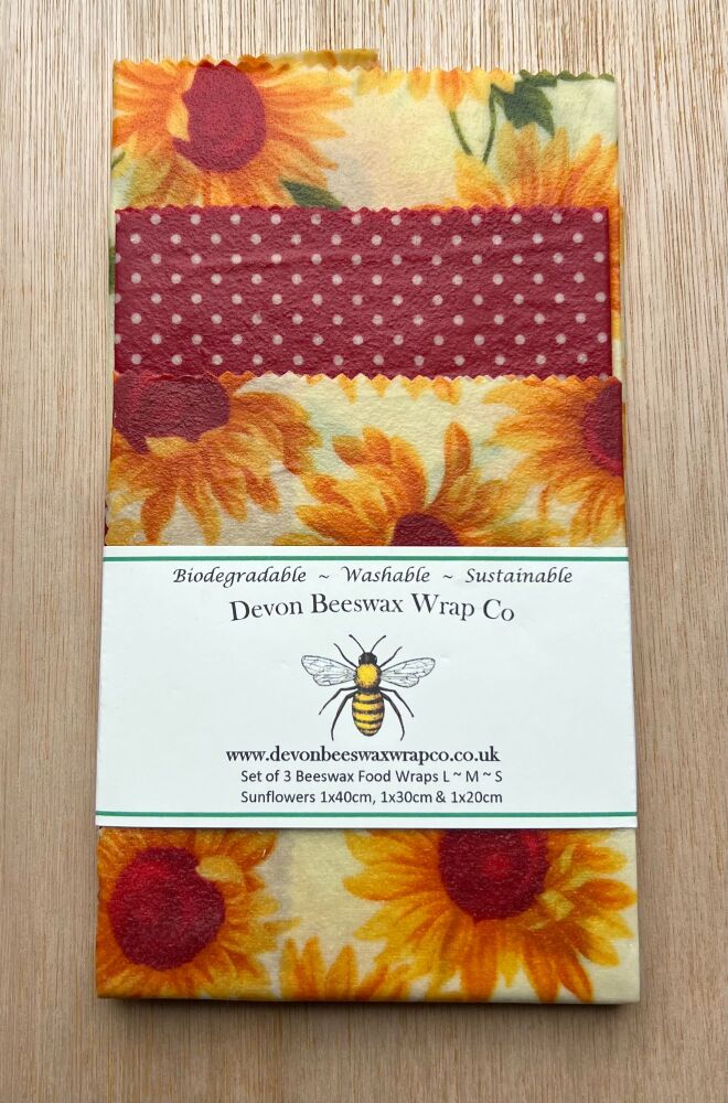 Set of 3 Beeswax Food Wraps - Sunflower & Dotty Red