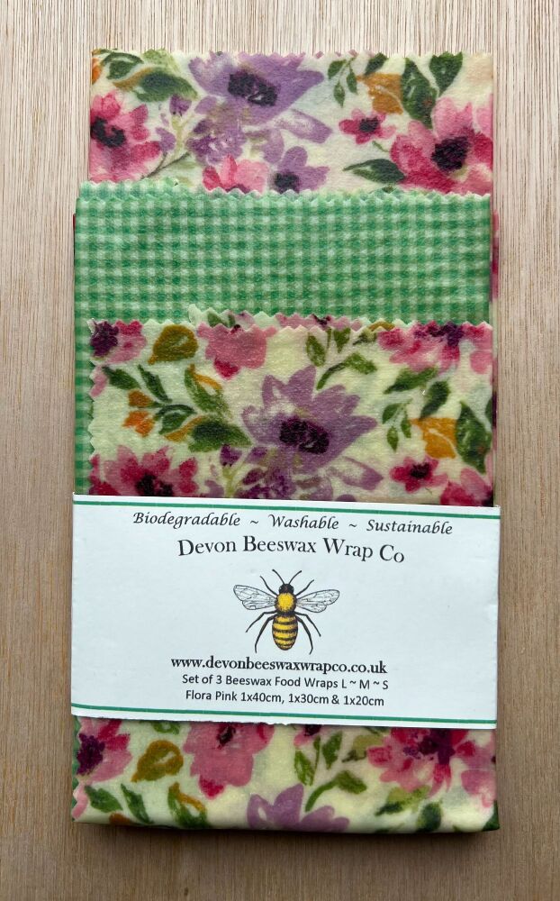Set of 3 Beeswax Food Wraps - Floral Pink & Gingham Green