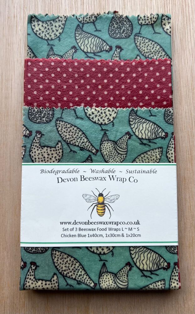 Set of 3 Beeswax Food Wraps - Chicken Blue & Dotty Red