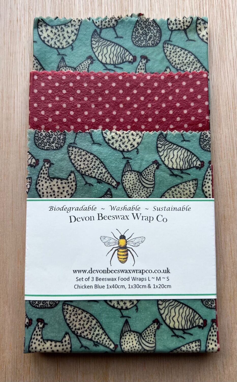 Set of 3 Beeswax Food Wraps - Chicken Blue & Dotty Red