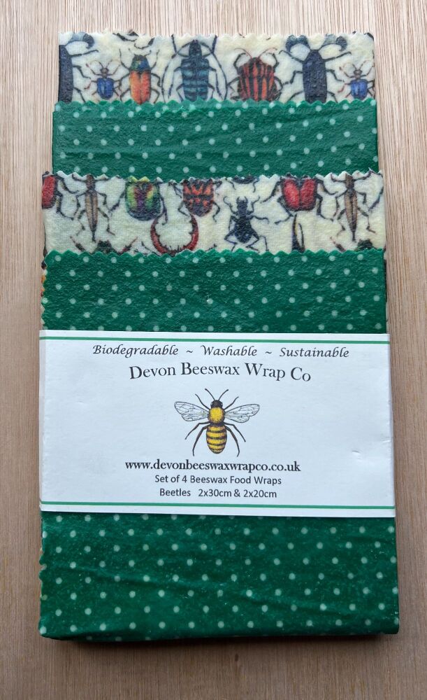 Set of 4 Beeswax Food Wraps - Beetles & Dotty Dark Green