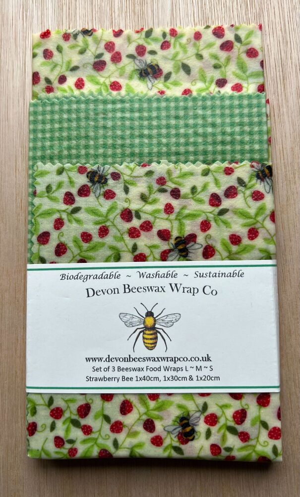 Set of 3 Beeswax Food Wraps - Strawberry Bee & Gingham Green
