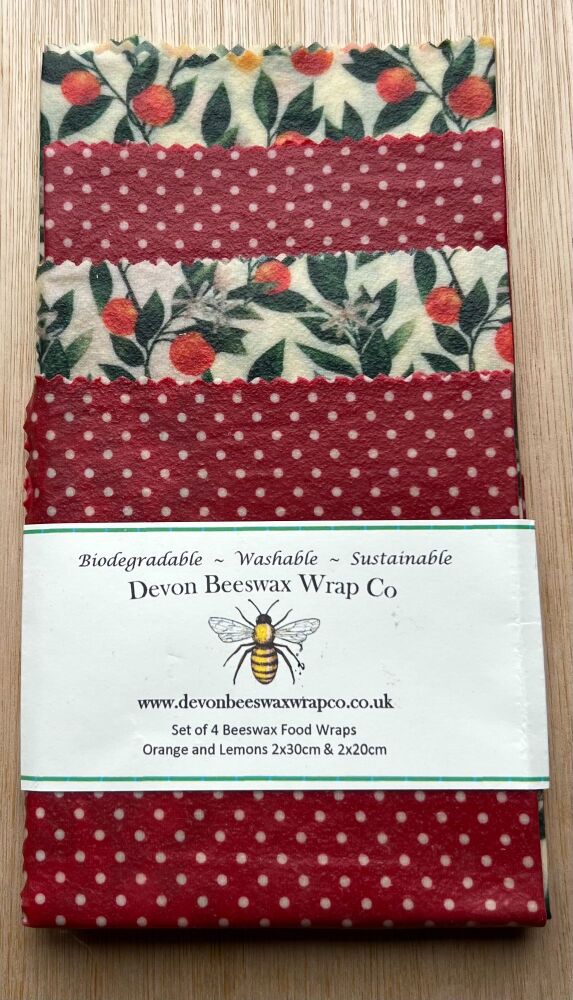 Set of 4 Beeswax Food Wraps - Orange and Lemons & Dotty Red