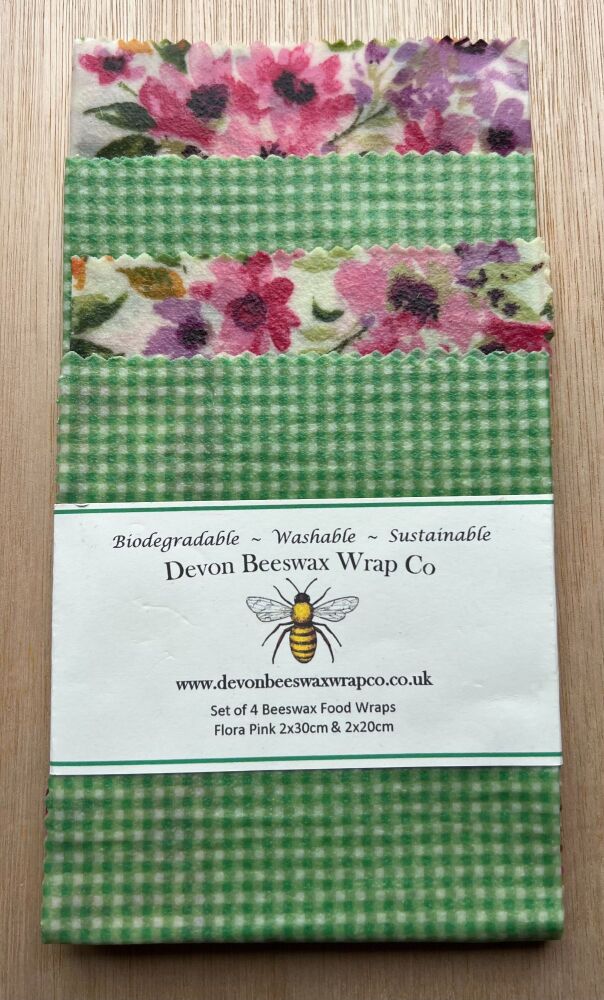 Set of 4 Beeswax Food Wraps - Floral Pink & Gingham Green
