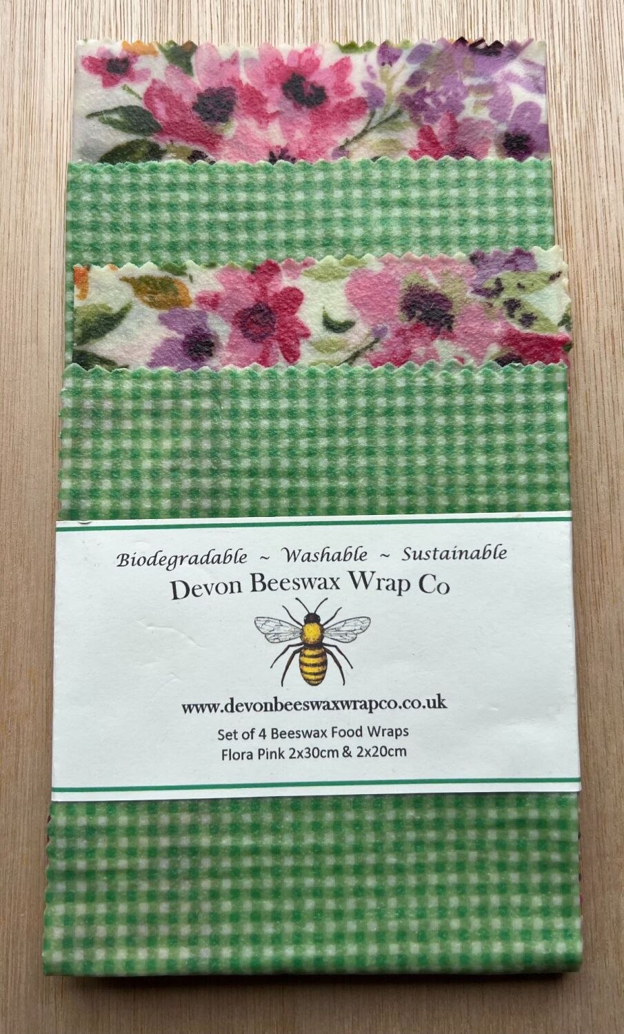 Set of 4 Beeswax Food Wraps - Floral Pink & Gingham Green