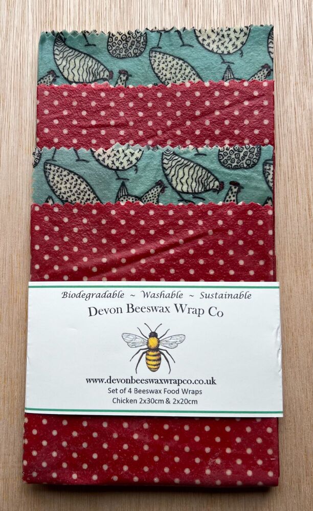 Set of 4 Beeswax Food Wraps - Chicken Blue & Dotty Red