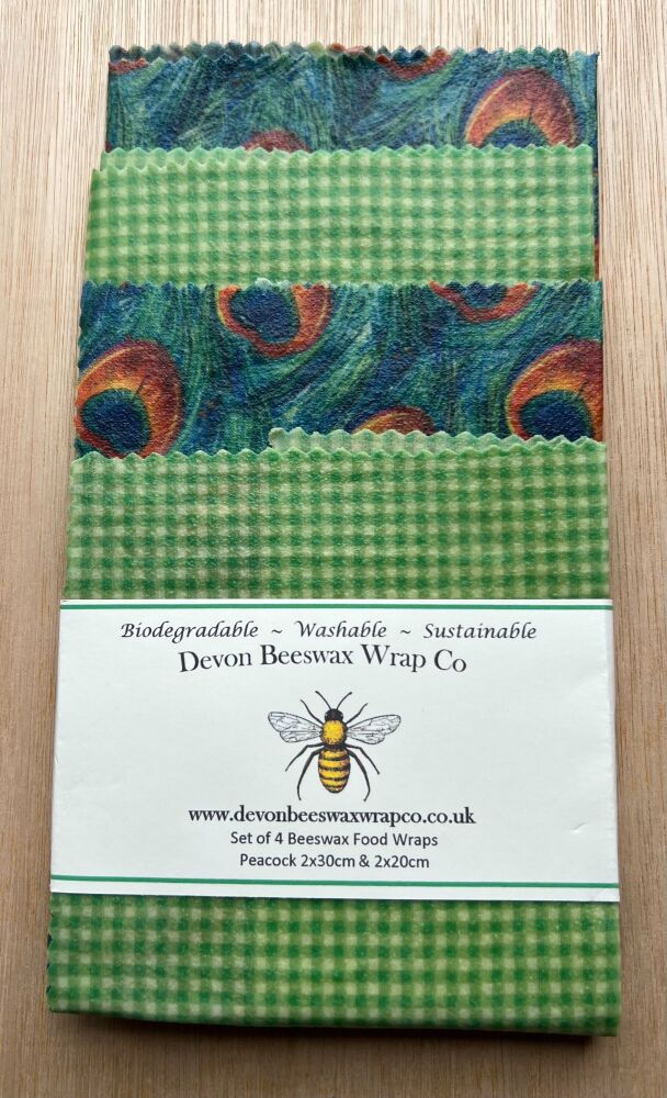 Set of 4 Beeswax Food Wraps - Peacock Feather & Gingham Green