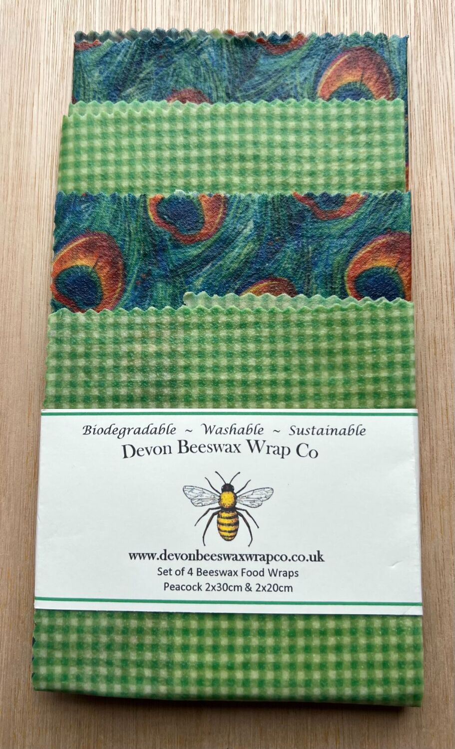 Set of 4 Beeswax Food Wraps - Peacock Feather & Gingham Green