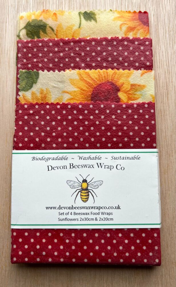 Set of 4 Beeswax Food Wraps - Sunflowers & Dotty Red