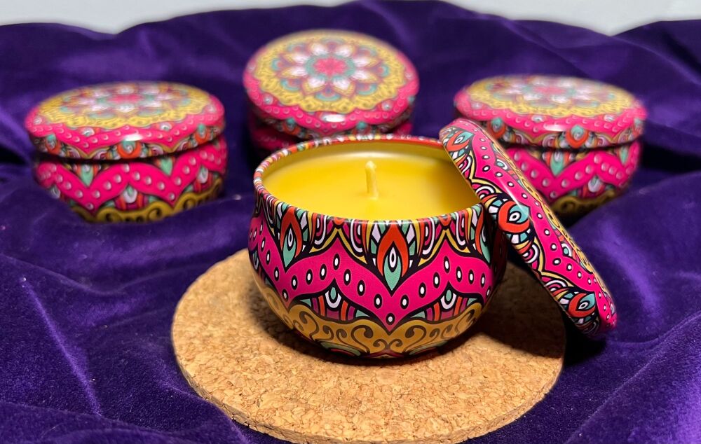 100% Beeswax Candle in a Decorative Tin (boxed) Design 12