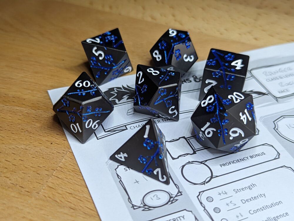 Dice - Metal - Blue Flowers