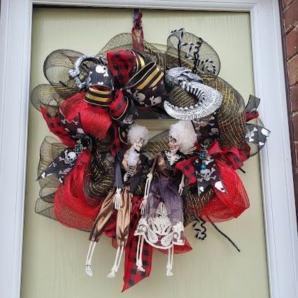 Halloween skeleton bride and groom front door wreath