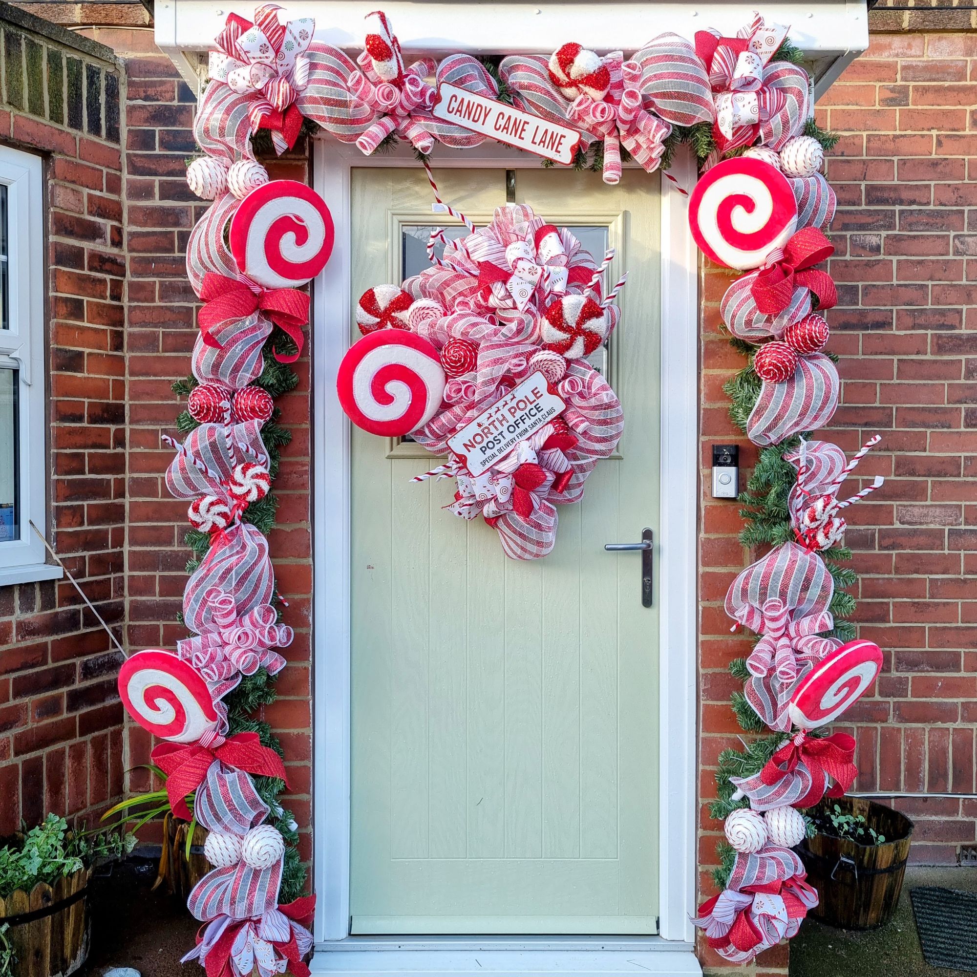 18ft full door candy cane christmas garland with matching front door candy cane wreath