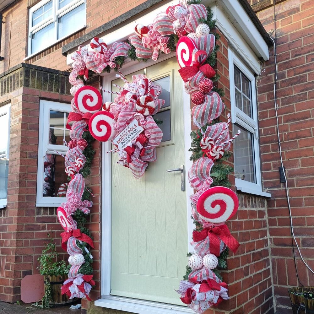 18ft Candy Cane Front door Christmas Garland with matching candy cane wreat