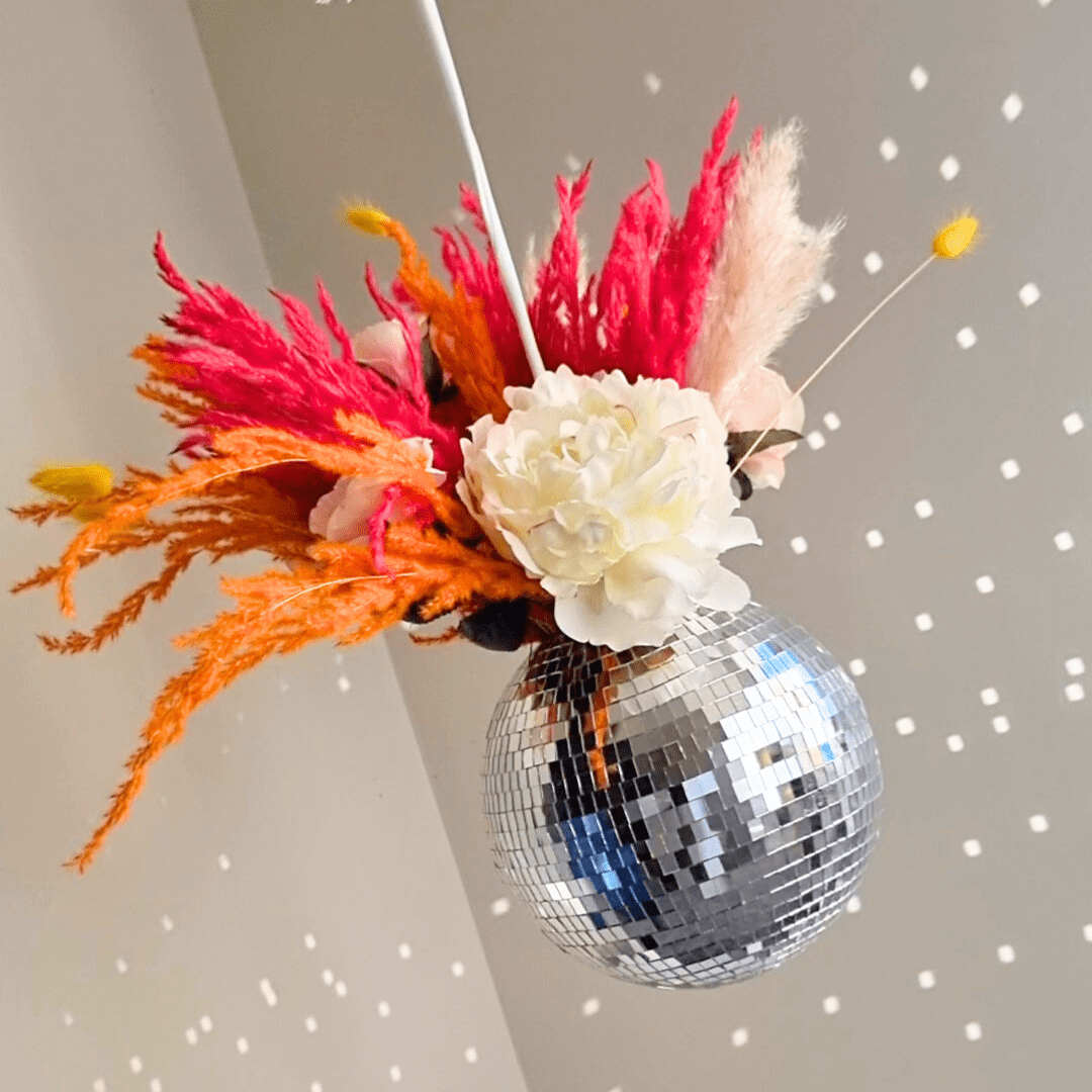 summer glitter ball wedding decoration, pampas glitter ball, glitter ball chandelier, pink pampas grass, orange pampas grass