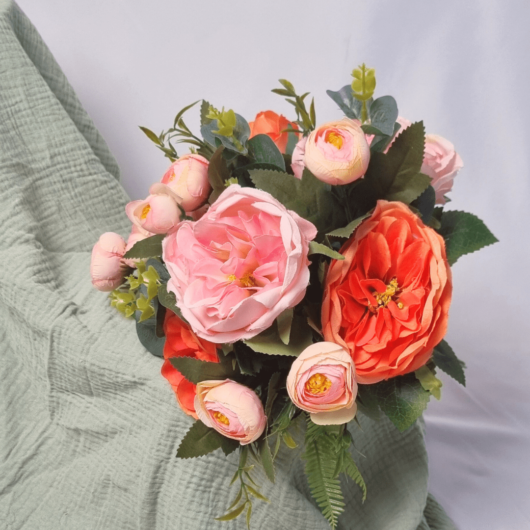 small artificial wedding bouquet, pastel pink and orange wedding bouquet