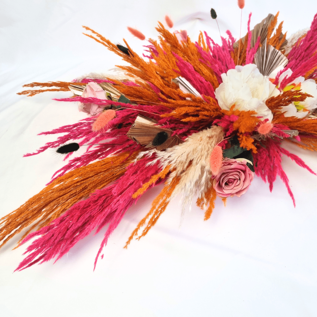 pink & orange pampas wedding decoration, wedding arch flowers, pampas wedding decor, pink pampas, orange pampas, pampas wedding arch 