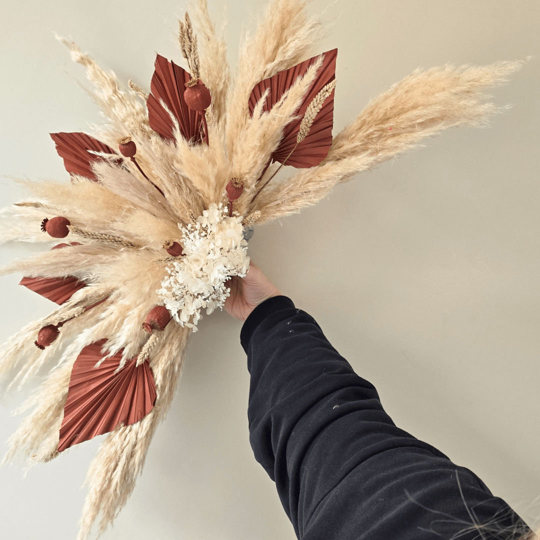 terracotta pampas grass, pampas wall decor, terracotta palms, dried flower wall art 