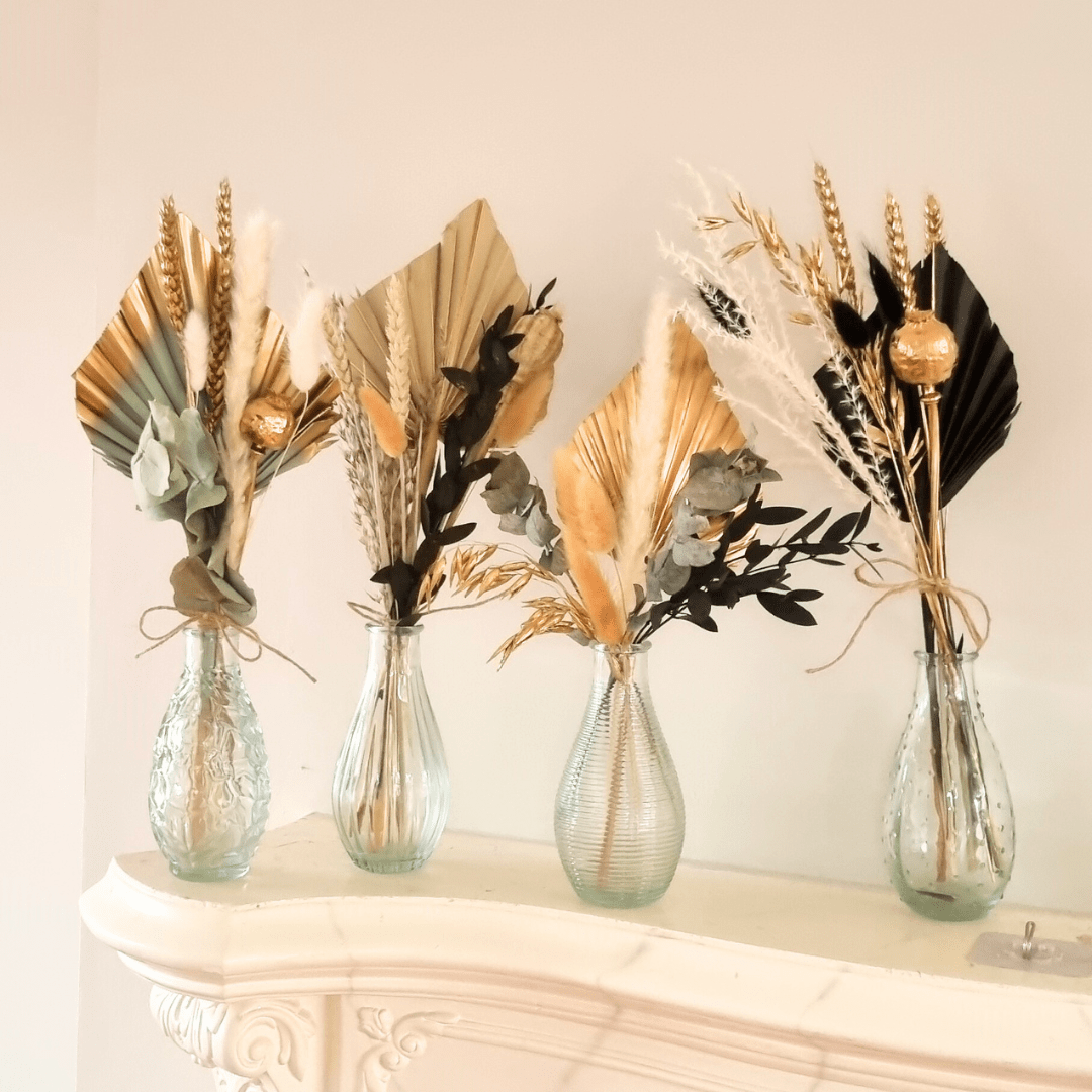 dried palm vase decoration, gold palm, small pampas arrangement