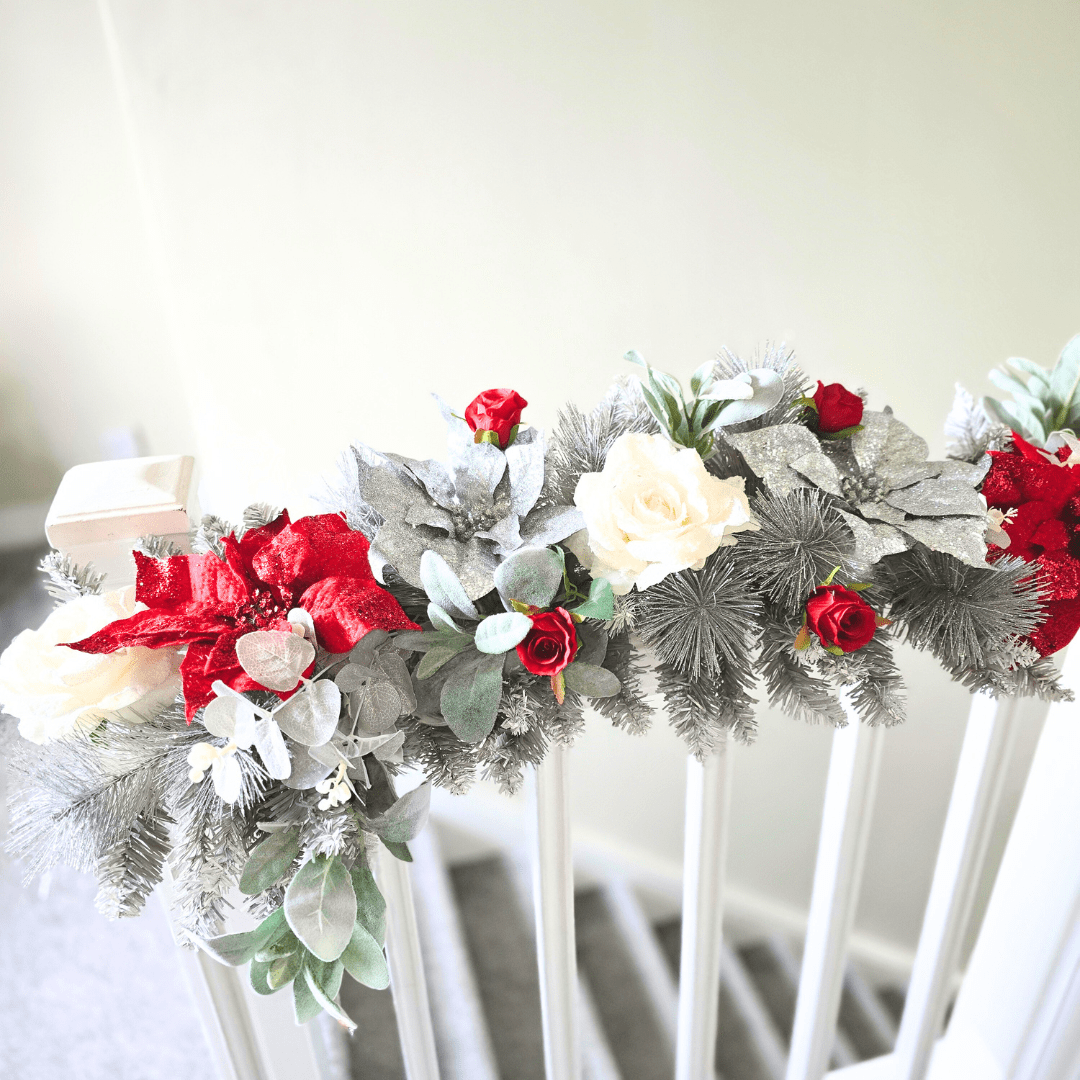 Red & Silver Artificial Christmas Staircase Garland