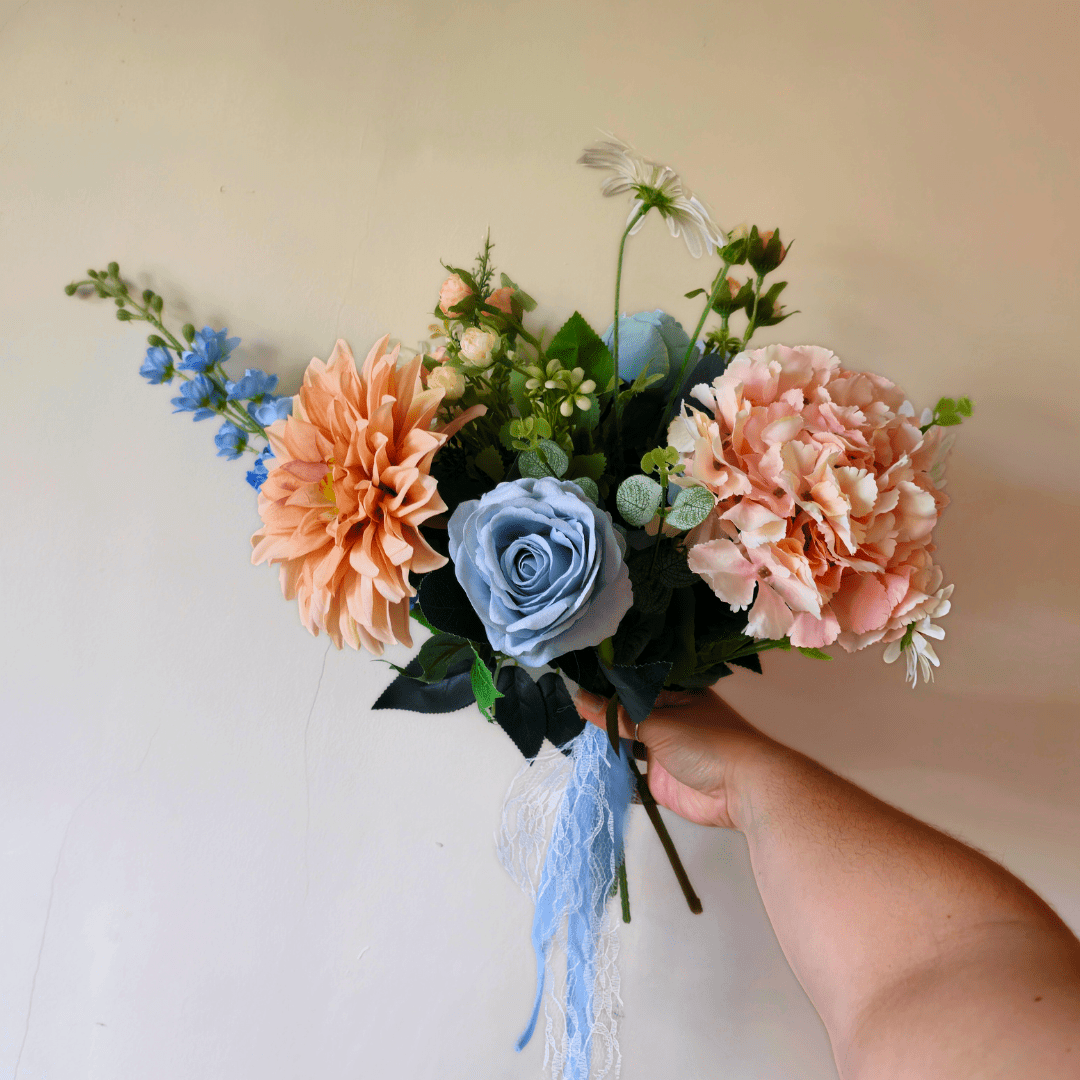 PASTEL BLUE AND PEACH ARTIFICIAL WEDDING BOUQUET