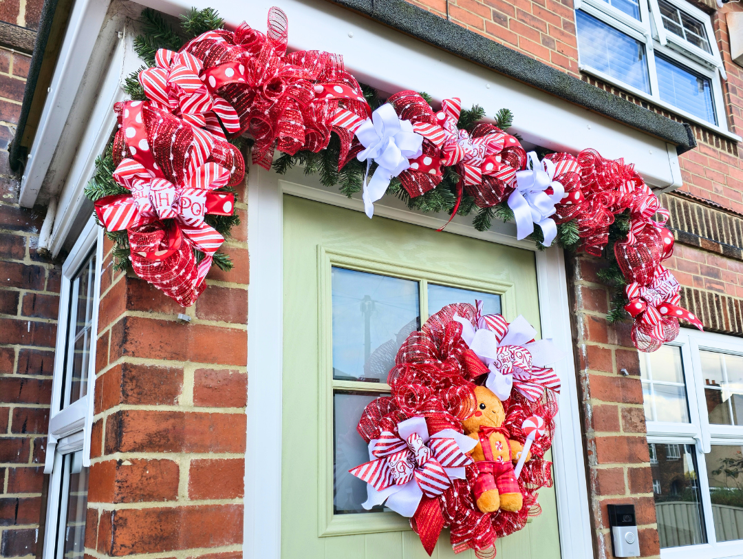 Candy Cane Front Door Christmas Garland & Gingerbread Wreath set