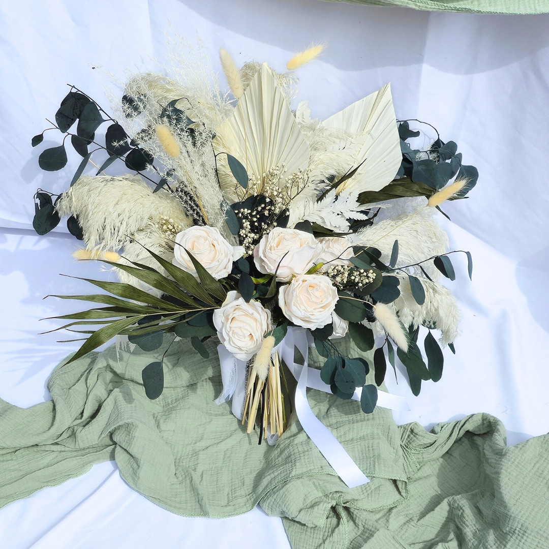 white pampas grass and preserved eucalyptus bridal bouquet