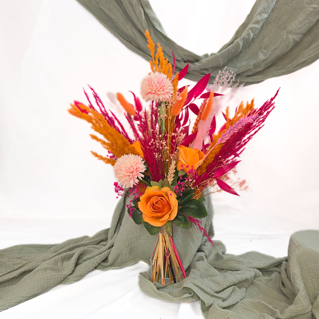 orange and pink dried flower wedding bouquet