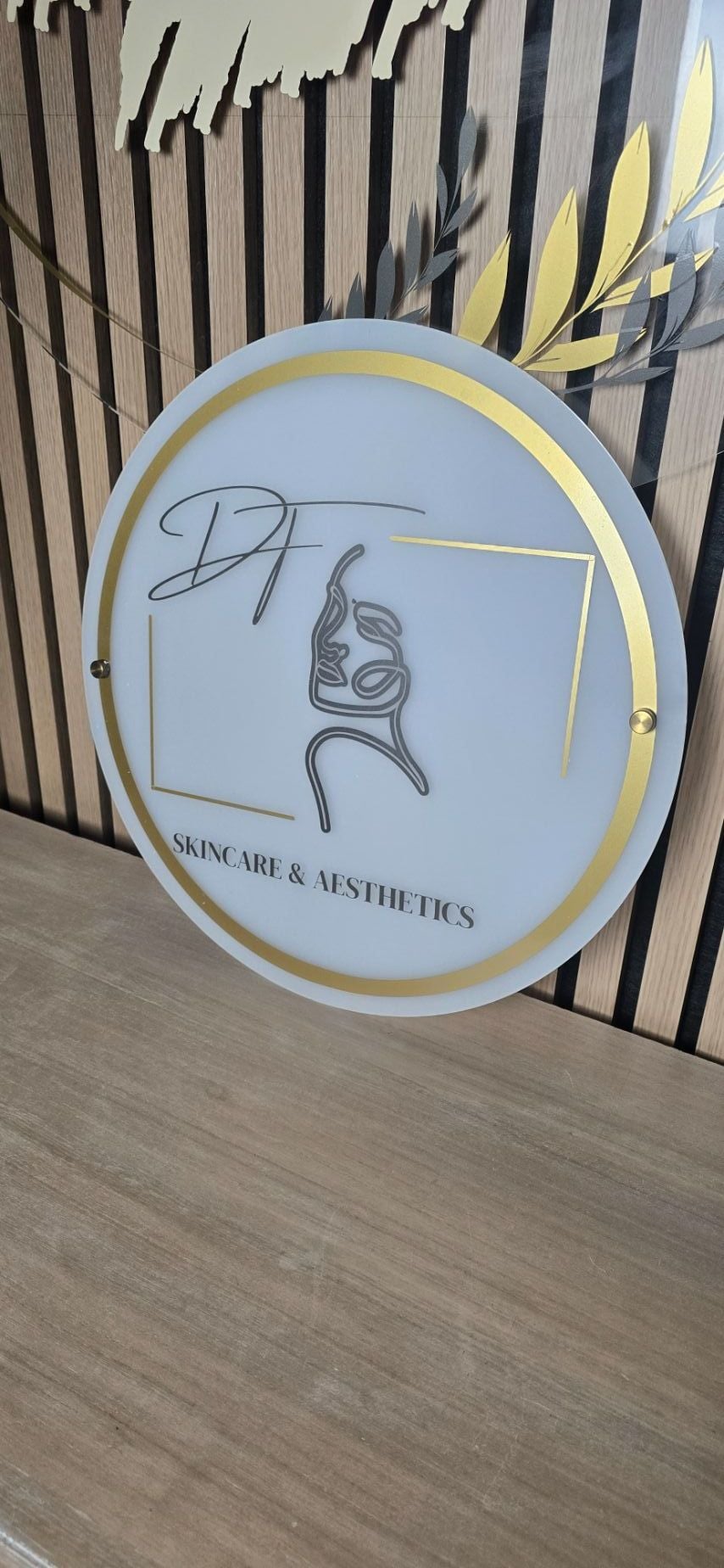 polar white frosted 40cm salon sign with gold vinyl graphic