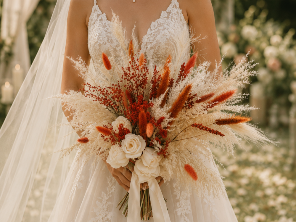 BURNT ORANGE & WHITE DRIED BRIDAL BOUQUET