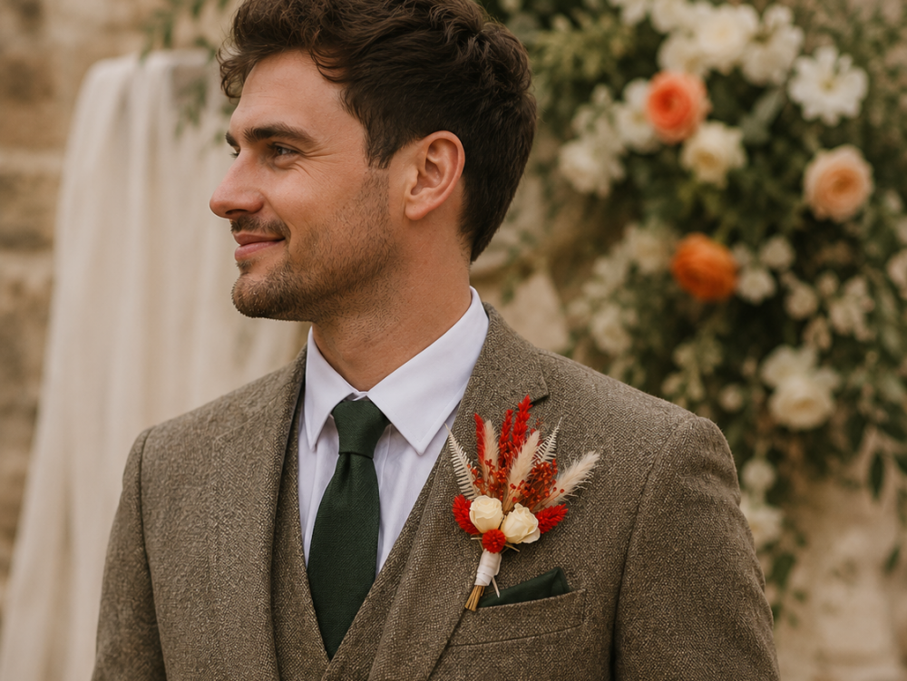 ORANGE & WHITE DRIED FLOWER - BUTTONHOLE