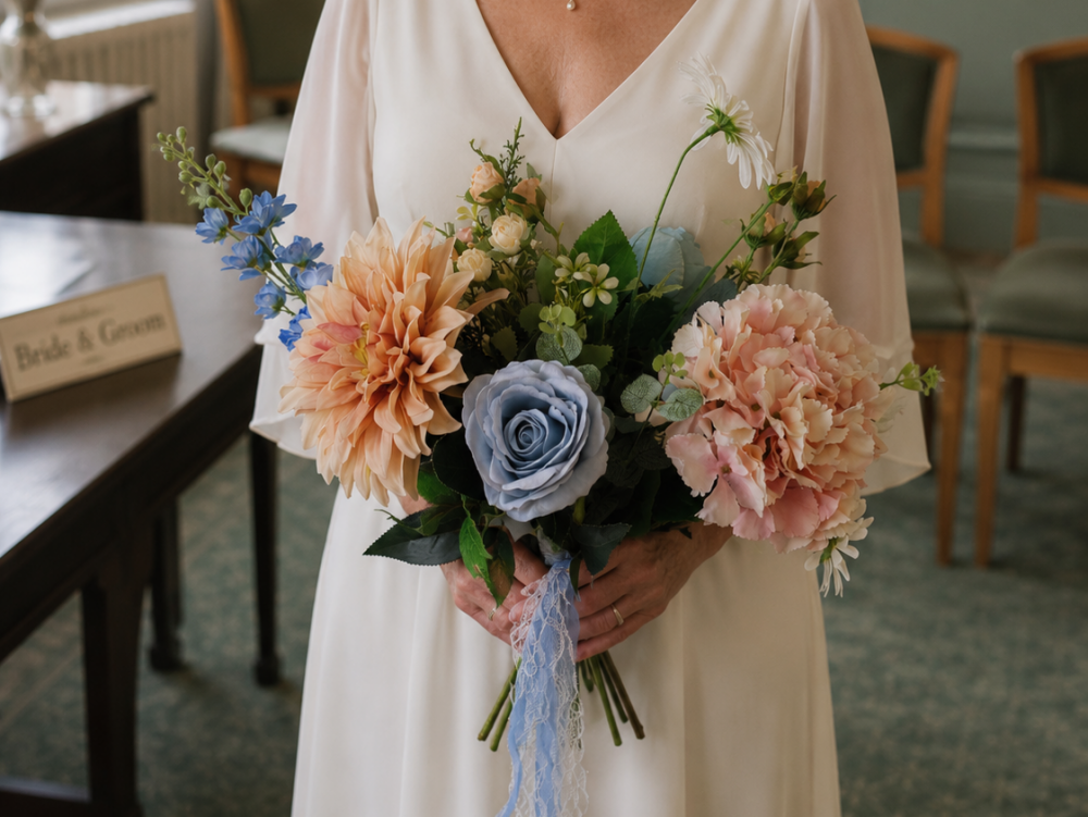 PASTEL BLUE AND PEACH ARTIFICIAL WEDDING BOUQUET