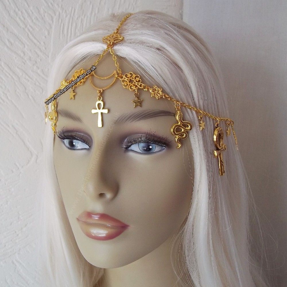 Gold Egyptian Ankh, Snake Sun Goddess Headpiece