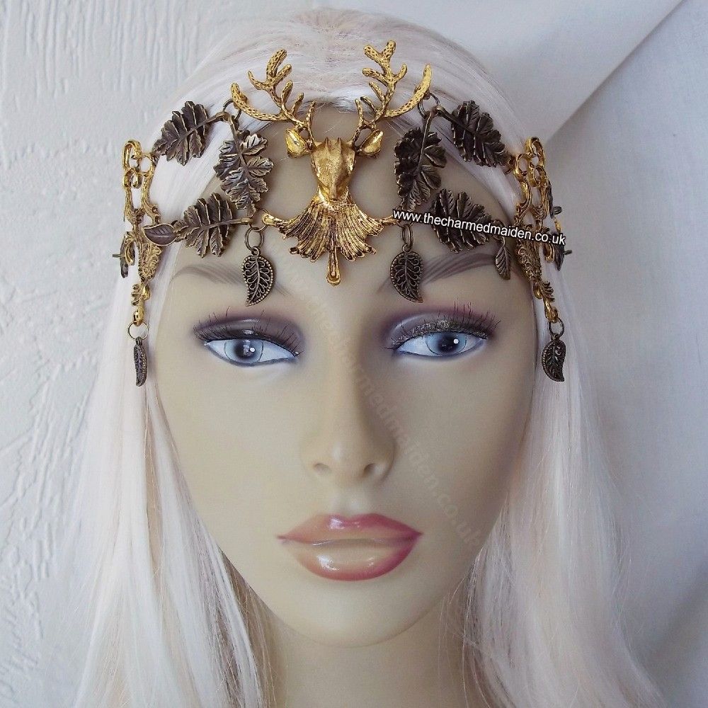 Woodland Fairy Pagan Stag Headdress in Gold & Bronze