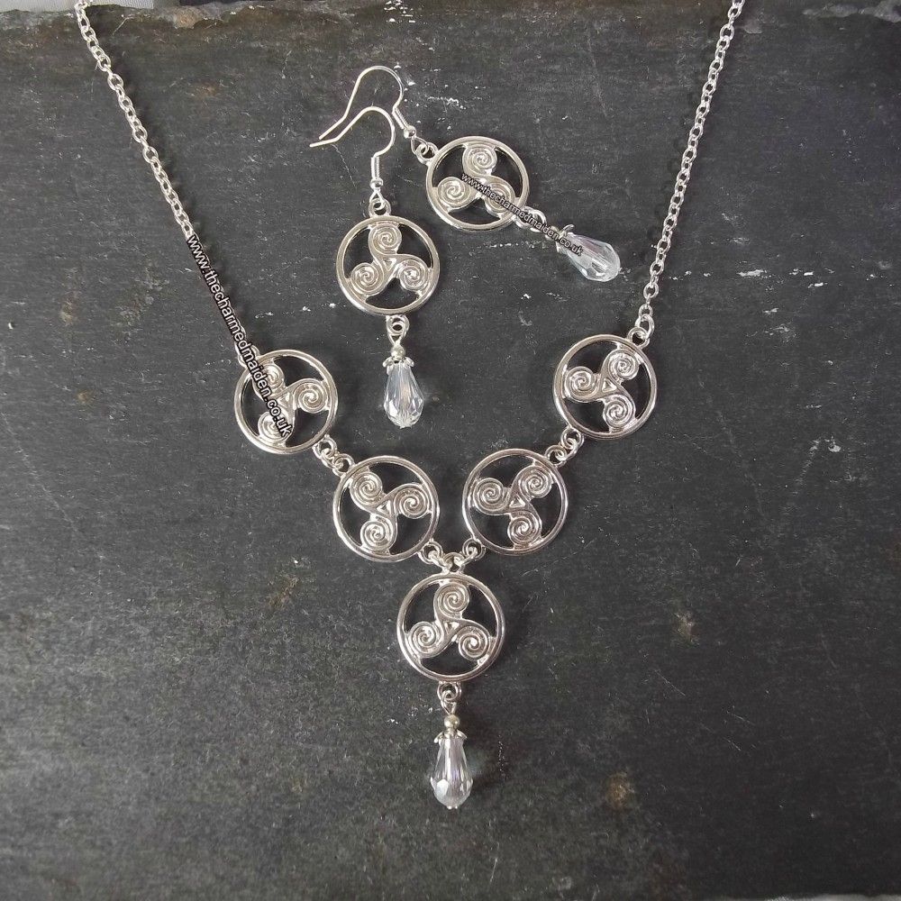 Silver Celtic Triskele Necklace & Earrings