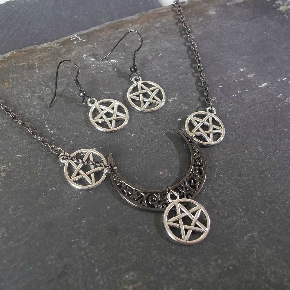 Witch Black Moon & Pentagram Necklace & Earrings