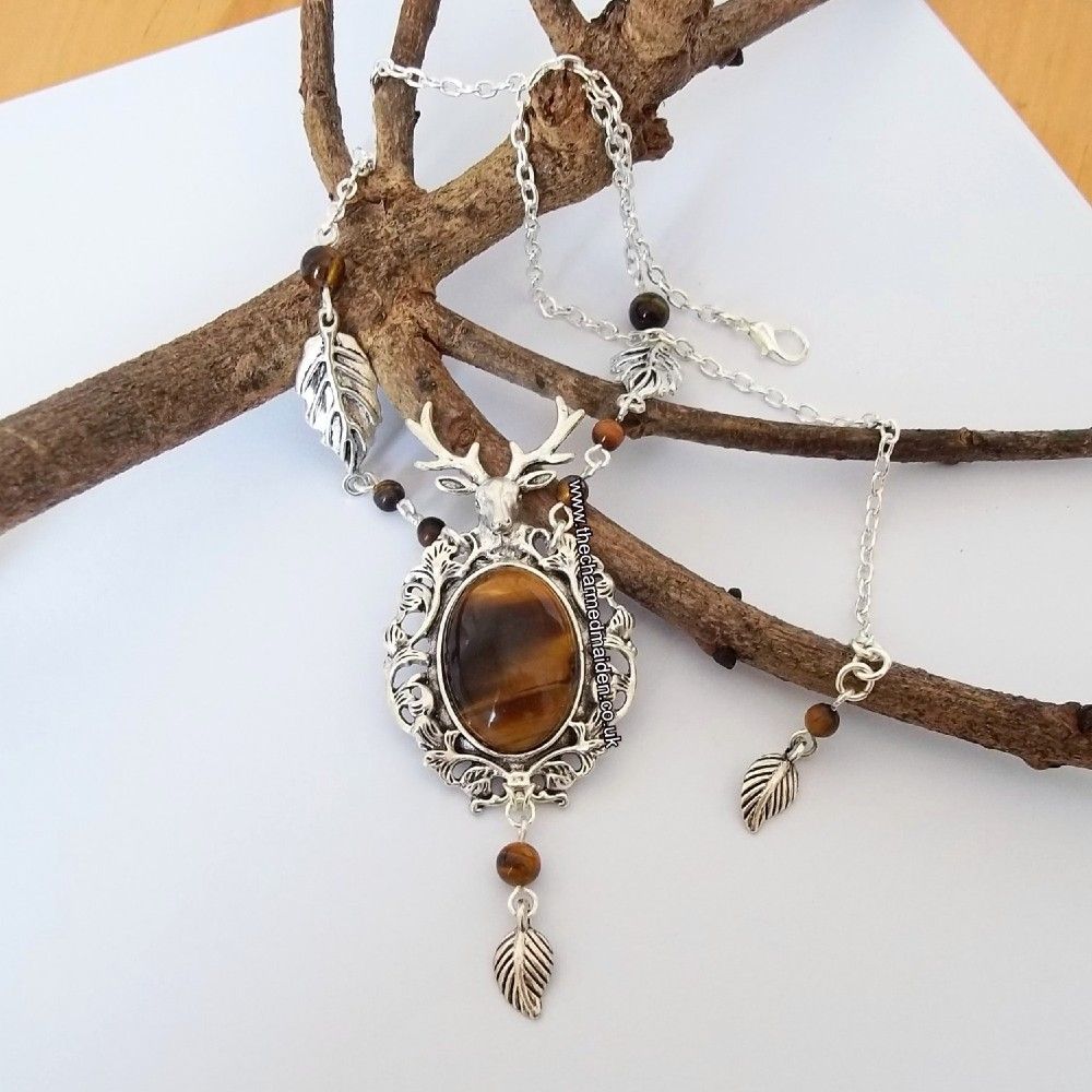 Silver Stag Tigers Eye Necklace