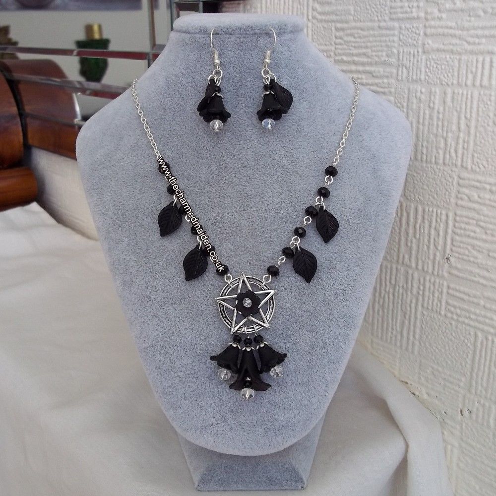 Black Flower Pentagram Necklace & Earrings Gothic Wiccan Jewellery