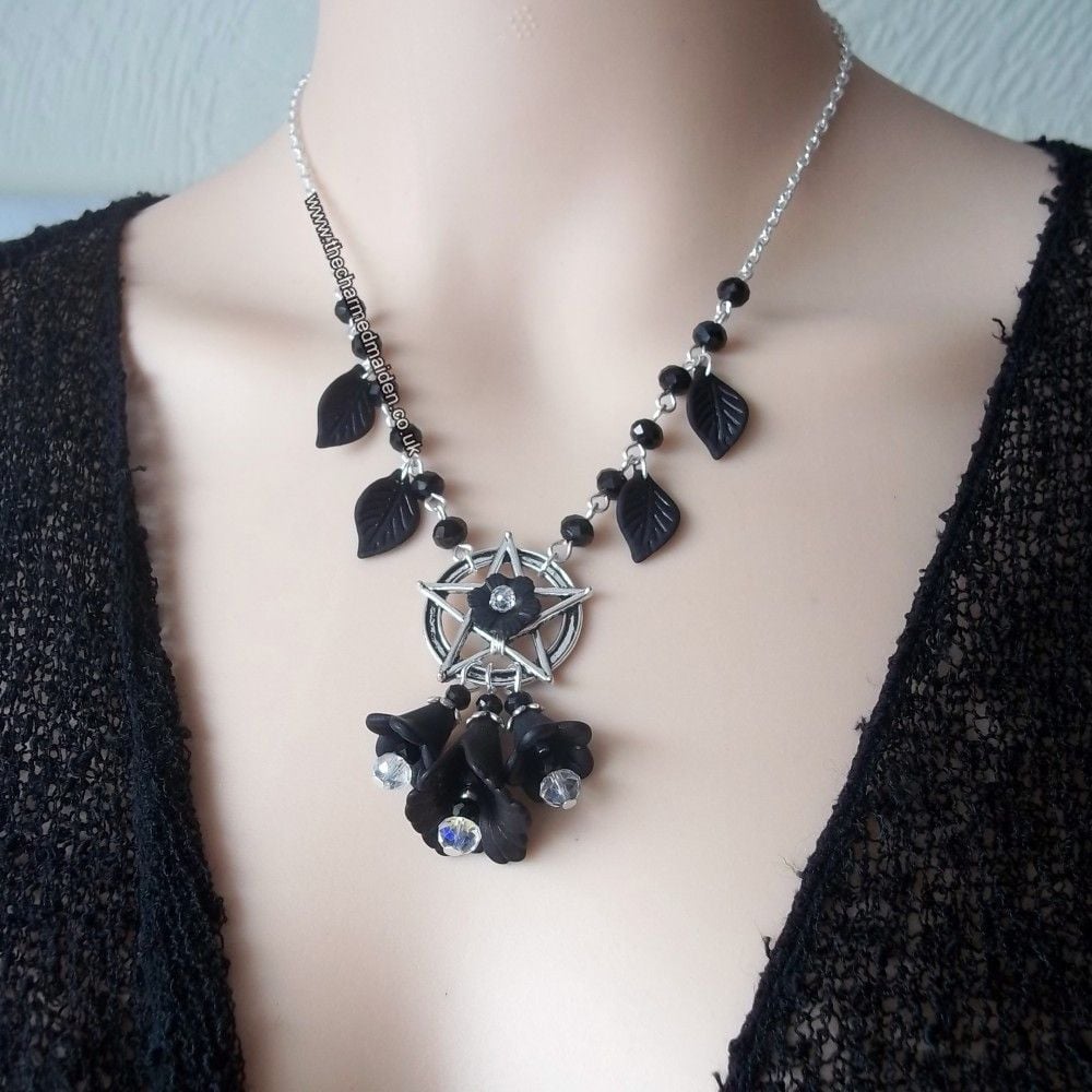 Black Flower Pentagram Necklace & Earrings Gothic Wiccan Jewellery