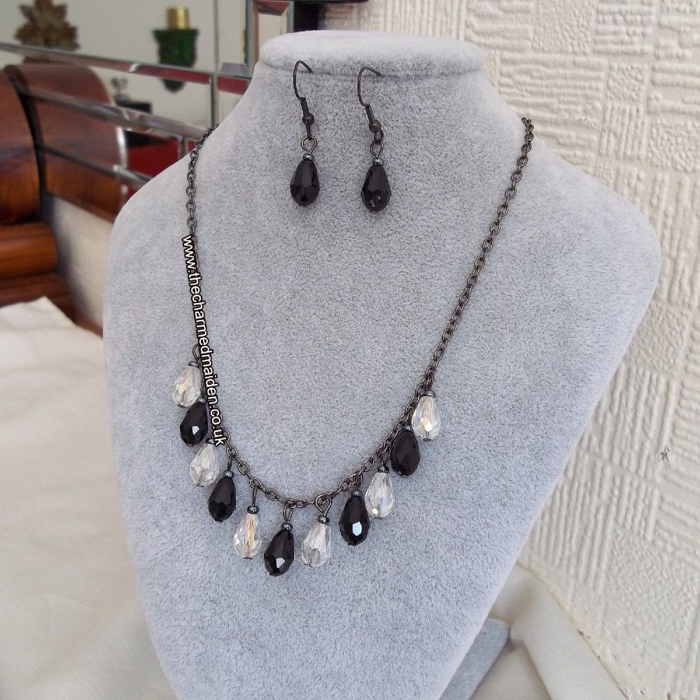 Jet Black & Crystal Monochrome Necklace & Earrings Jewellery Set