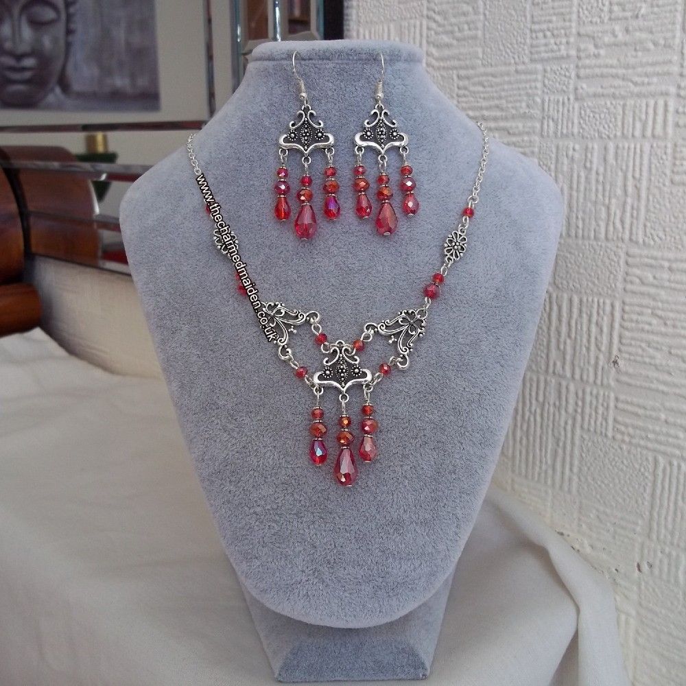 Red Art Deco Inspired Glass Necklace & Earrings