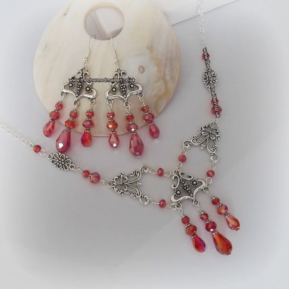 Red Art Deco Inspired Glass Necklace & Earrings