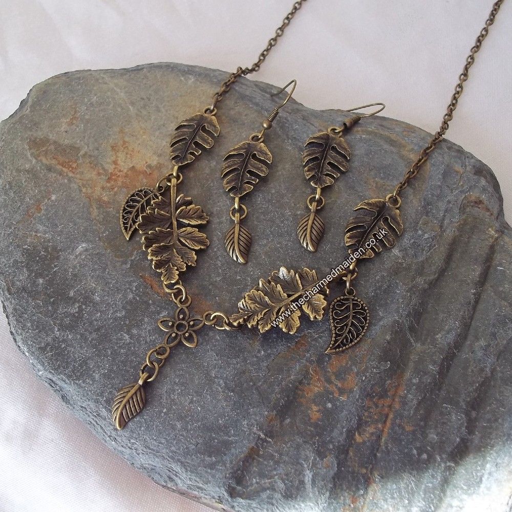 Oak Leaves Bronze Woodland Necklace & Earrings Jewellery Set