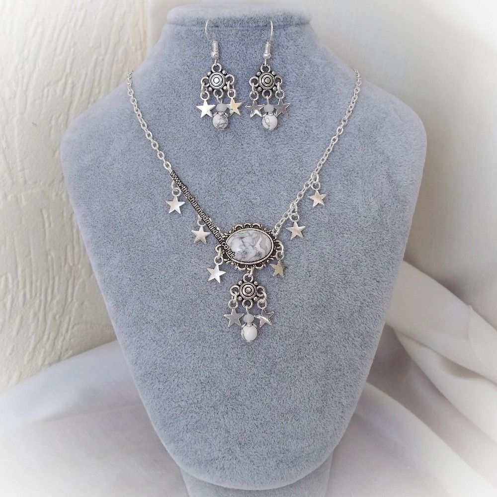 White Howlite Stars Pagan Wiccan Necklace & Earrings