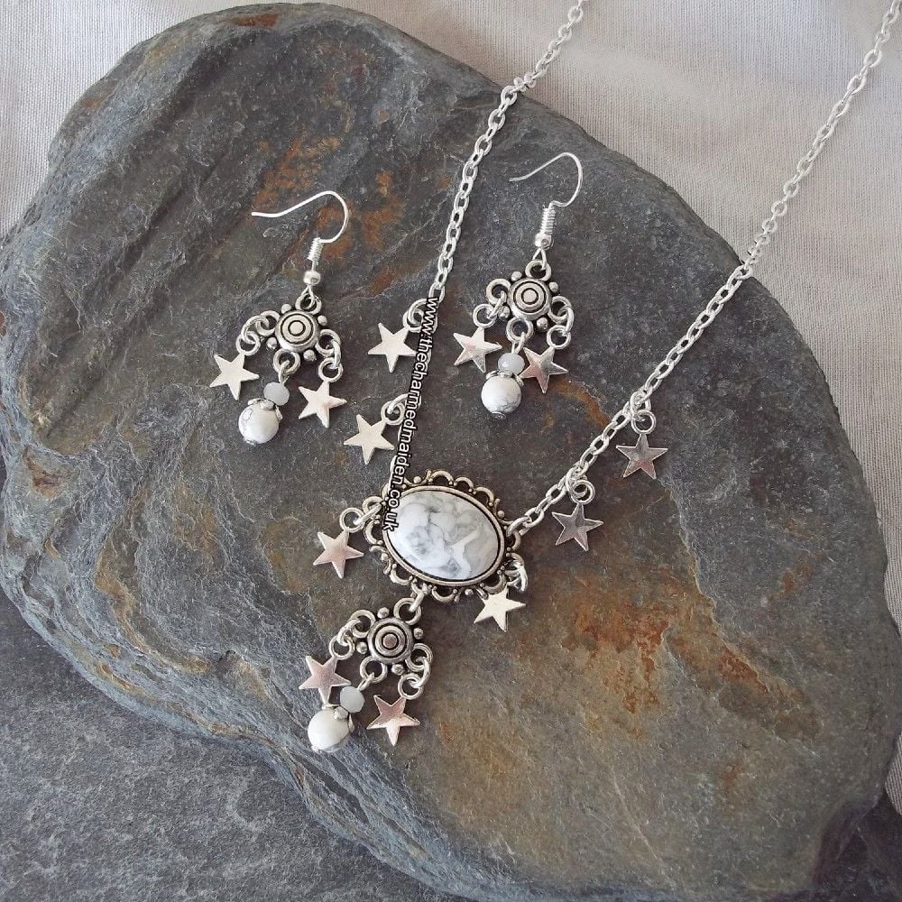 White Howlite Stars Pagan Wiccan Necklace & Earrings