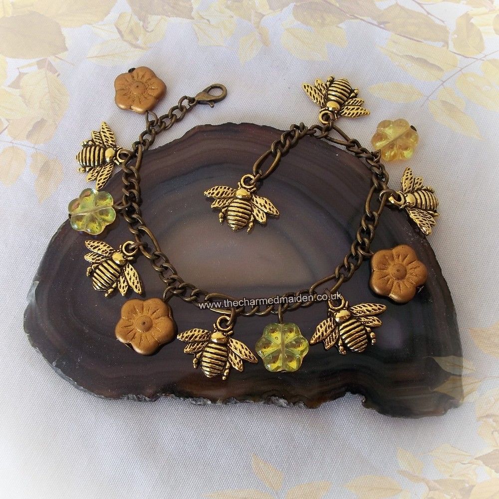 Honey Bee & Czech Flower Gold & Bronze Charm Bracelet